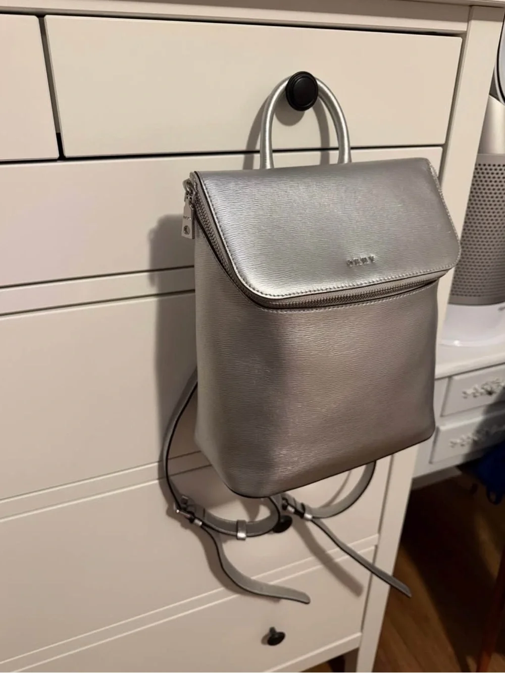 DKNY Metallic Silver Leather Backpack Rucksack Bag